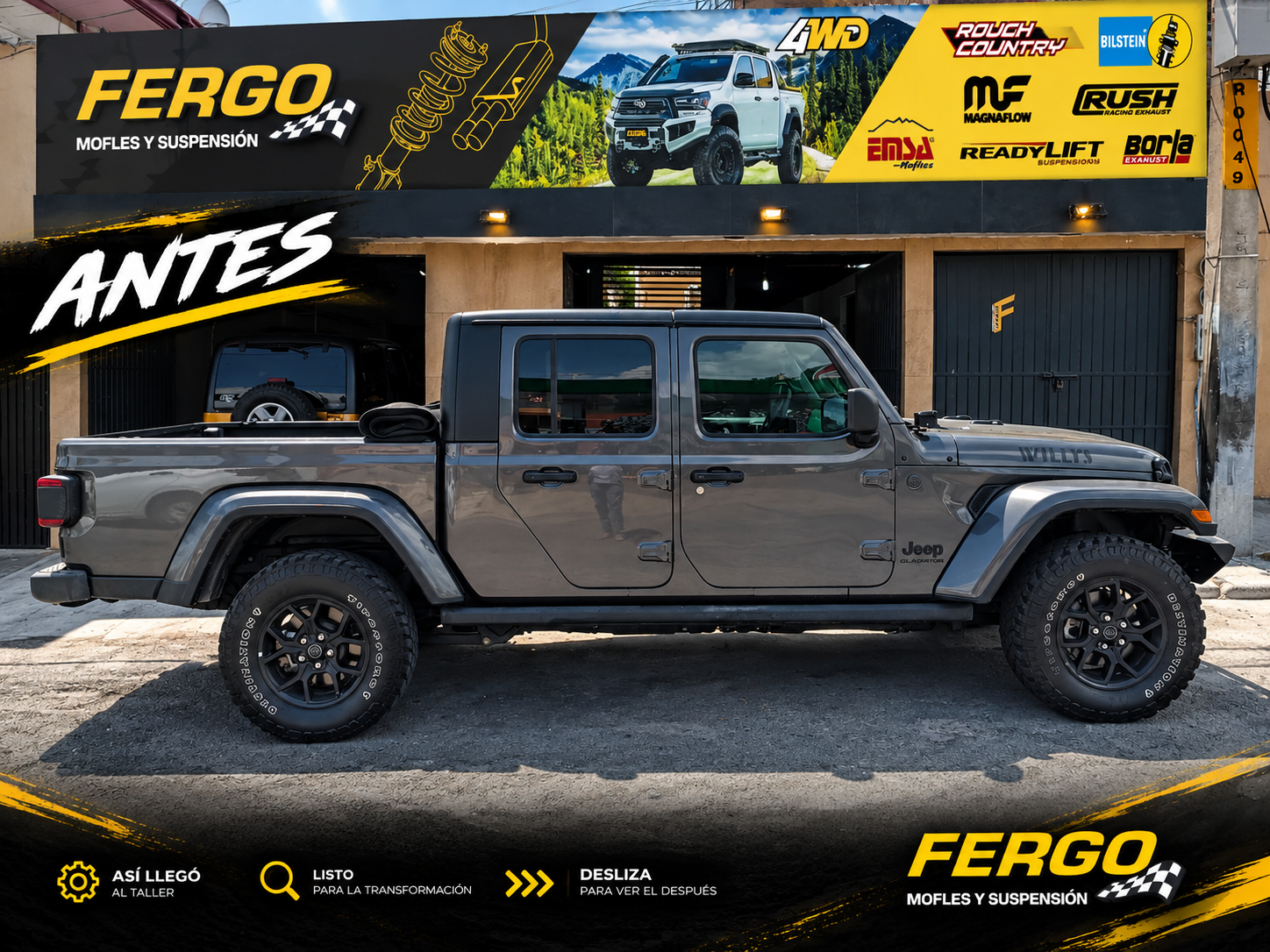 Jeep Gladiator antes de la preparación, con altura y llantas de fábrica